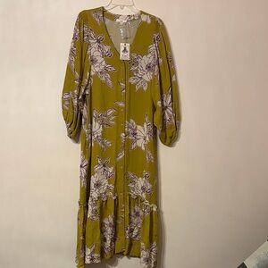 easel Olive Green Floral Button-Front Maxi Dress
